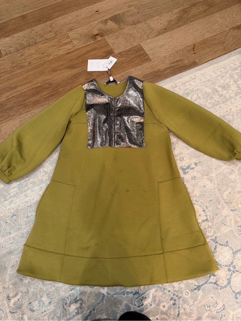 Olive Green A-Line Dress with Metallic Bib